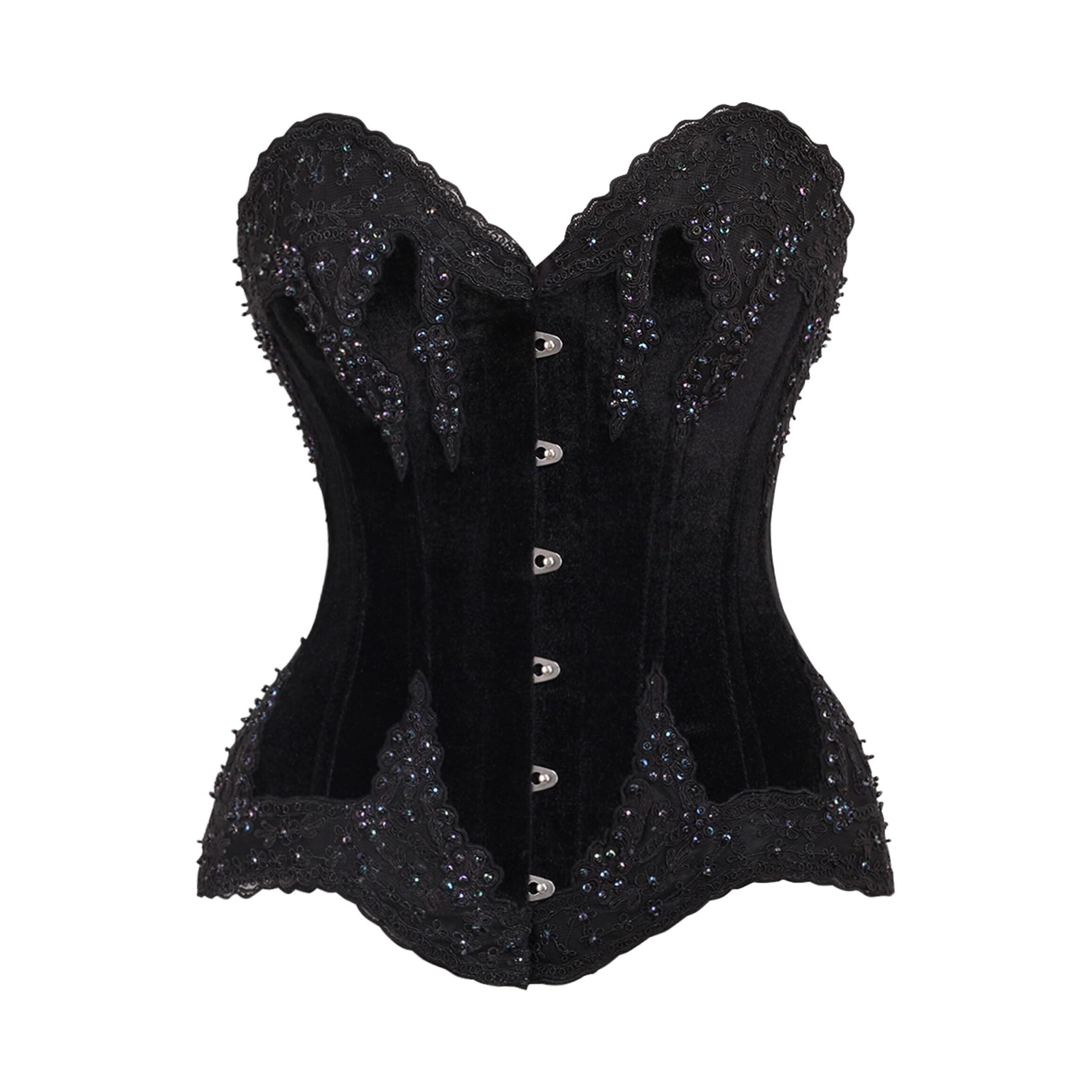 5375 Top Drawer Black Velvet & Beaded Steel Boned Overbust Corset Xlarge